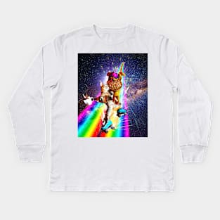 Dog Cat On Roller Skates With Pizza Coffee Kids Long Sleeve T-Shirt